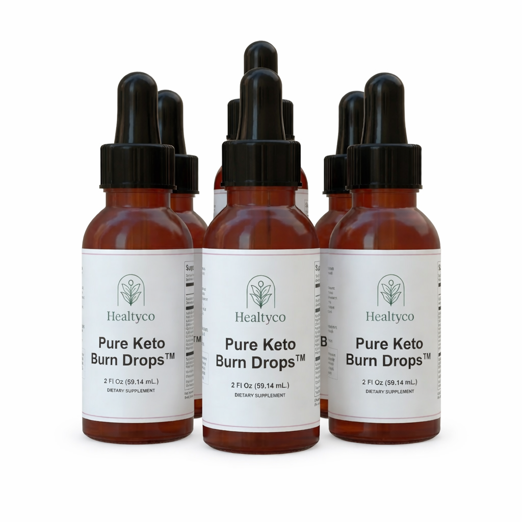 Multiple bottles of Healthyco Pure Keto Burn Drops on a white background